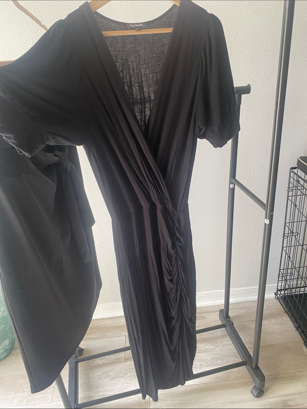 Express Black Wrap Midi Dress with Draped Ruching